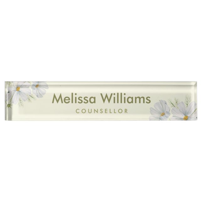 Watercolor White Cosmos Flowers Botanical Painting Desk Name Plate (Front)
