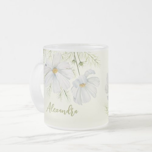 Watercolor White Cosmos Flowers Botanical Painting Frosted Glass Coffee Mug