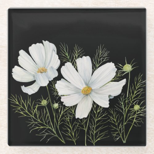 Watercolor White Cosmos Flowers Botanical Painting Glass Coaster