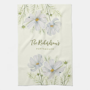 Watercolor White Cosmos Flowers Botanical Painting Kitchen Towel
