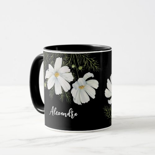 Watercolor White Cosmos Flowers Botanical Painting Mug