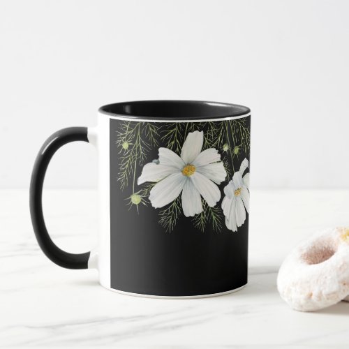 Watercolor White Cosmos Flowers Botanical Painting Mug