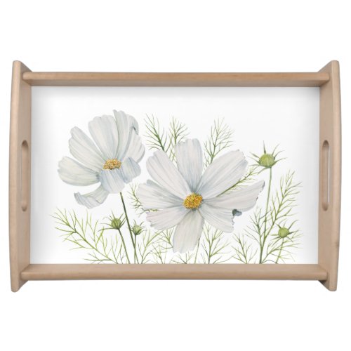 Watercolor White Cosmos Flowers Botanical Painting Serving Tray