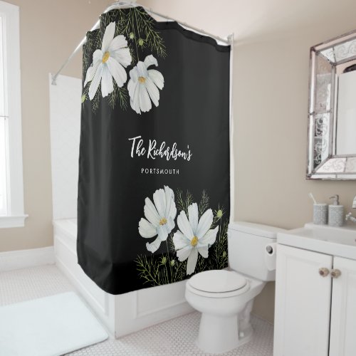 Watercolor White Cosmos Flowers Botanical Painting Shower Curtain