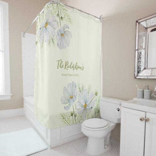 Watercolor White Cosmos Flowers Botanical Painting Shower Curtain