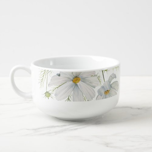 Watercolor White Cosmos Flowers Botanical Painting Soup Mug