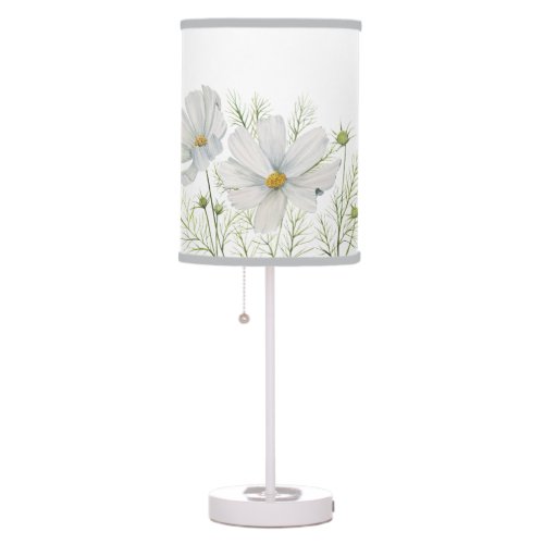 Watercolor White Cosmos Flowers Botanical Painting Table Lamp