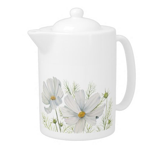 Watercolor White Cosmos Flowers Botanical Painting Teapot