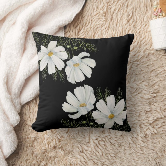 Watercolor White Cosmos Flowers Botanical Painting Throw Pillow (Blanket)