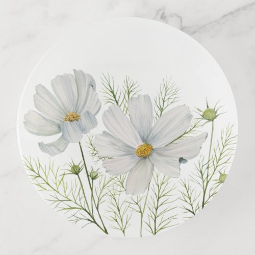 Watercolor White Cosmos Flowers Botanical Painting Trinket Tray