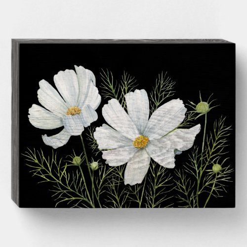 Watercolor White Cosmos Flowers Botanical Painting Wooden Box Sign