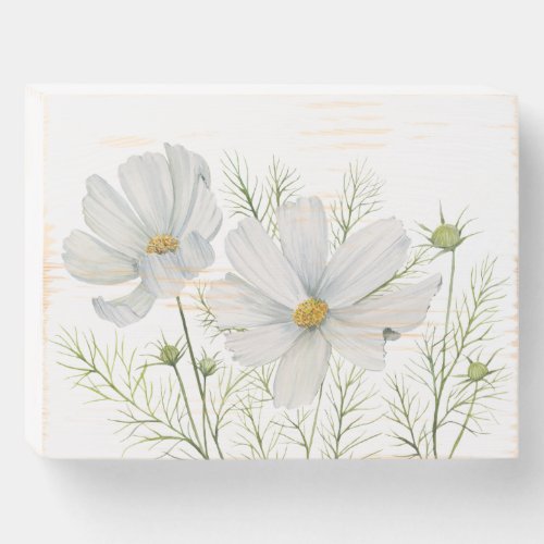 Watercolor White Cosmos Flowers Botanical Painting Wooden Box Sign