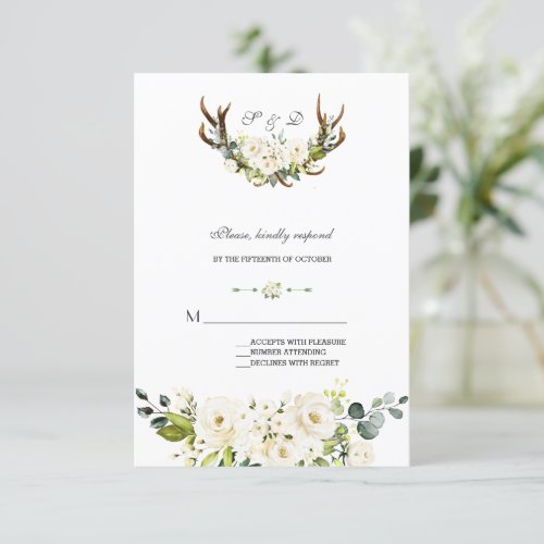 Watercolor White Cream Flowers Antlers Wedding  RSVP Card