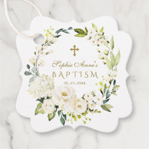 Watercolor White Cream Flowers Gold Cross Baptism  Favor Tags