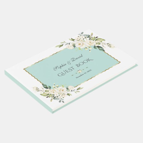 Watercolor White Cream Flowers Green Frame Wedding Guest Book