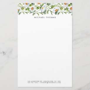 Watercolor White Daisy & Foliage Floral  Stationery