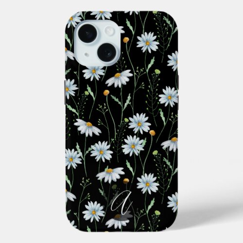 Watercolor White Daisy Monogrammed Initial iPhone 15 Case