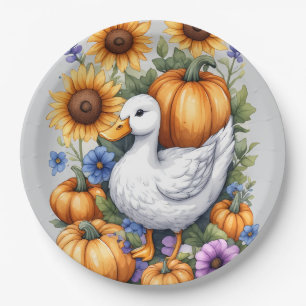 Watercolor White Duck Sunflowers & Pumpkins Fall Paper Plates