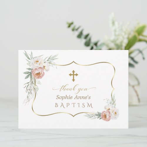 Watercolor White Dusty Rose Flowers Baptism Thank You Card