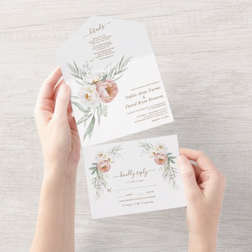 Watercolor White Dusty Rose Flowers Wedding   All In One Invitation
