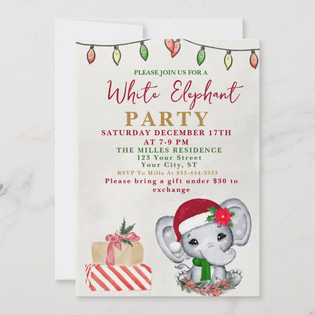 Watercolor White Elephant Gift Exchange Party Invitation (Front)