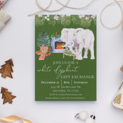 Watercolor White Elephant Gift Exchange Party Invitation