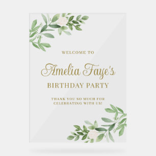 Watercolor White Floral and Greeny Birthday Party Acrylic Sign