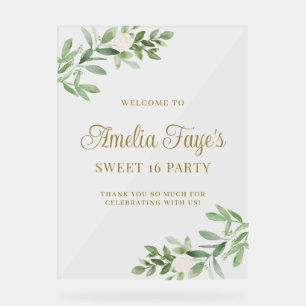 Watercolor White Floral and Greeny Sweet 16 Party Acrylic Sign