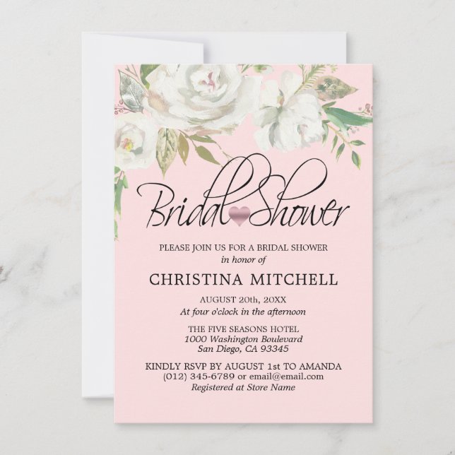 Watercolor White Floral Blush Pink BRIDAL SHOWER Invitation (Front)