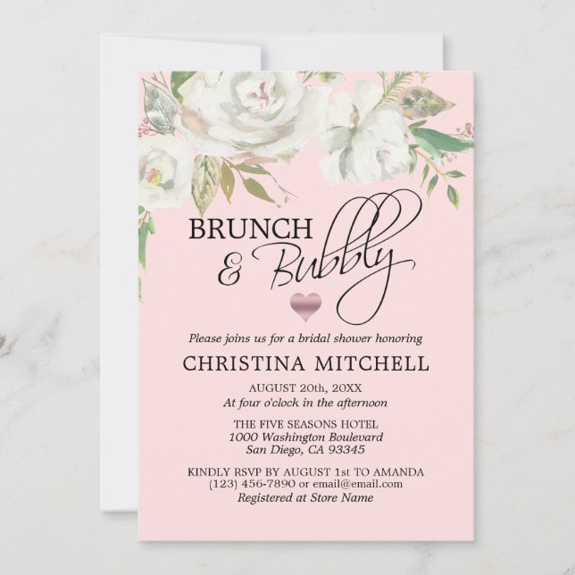 Watercolor White Floral Blush Pink Brunch & Bubbly Invitation (Front)