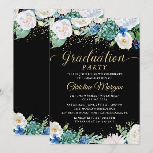 Watercolor White Floral Botanical Graduation Party Invitation