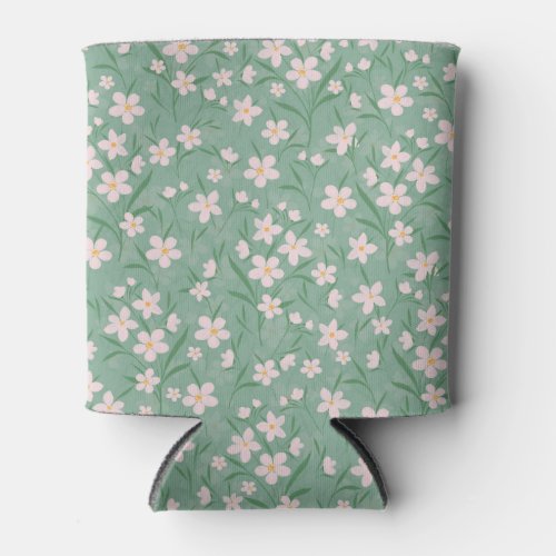 Watercolor White Floral Botanical Green Pattern Can Cooler