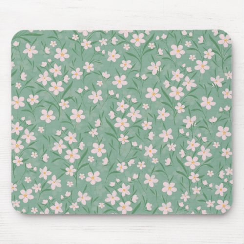 Watercolor White Floral Botanical Green Pattern Mouse Pad