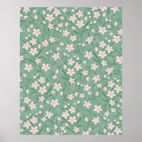 Watercolor White Floral Botanical Green Pattern Poster