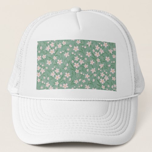 Watercolor White Floral Botanical Green Pattern Trucker Hat