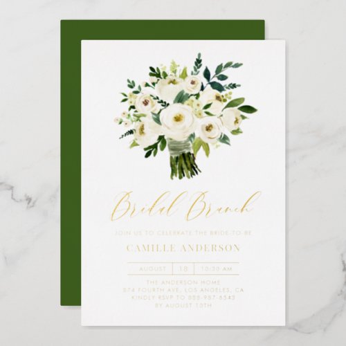 Watercolor White Floral Bouquet Bridal Brunch Foil Invitation - Invite guests to your event with this customizable foil-pressed bridal brunch invitation. It features watercolour floral bouquet of white flowers. Personalize this gold foil bridal brunch by adding your own details. This white floral bridal brunch invitation is perfect for spring bridal showers and winter bridal showers.