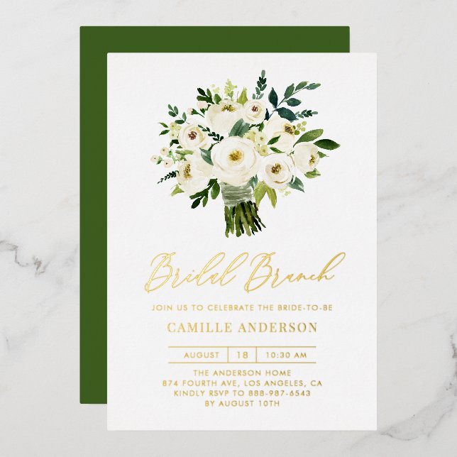 Watercolor White Floral Bouquet Bridal Brunch Foil Invitation (Front/Back)