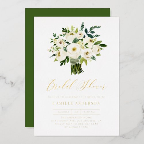 Watercolor White Floral Bouquet Bridal Shower Foil Invitation - Invite guests to your event with this customizable foil-pressed bridal shower invitation. It features watercolour floral bouquet of white flowers. Personalize this gold foil bridal shower by adding your own details. This white floral bridal shower invitation is perfect for spring bridal showers and winter bridal showers.