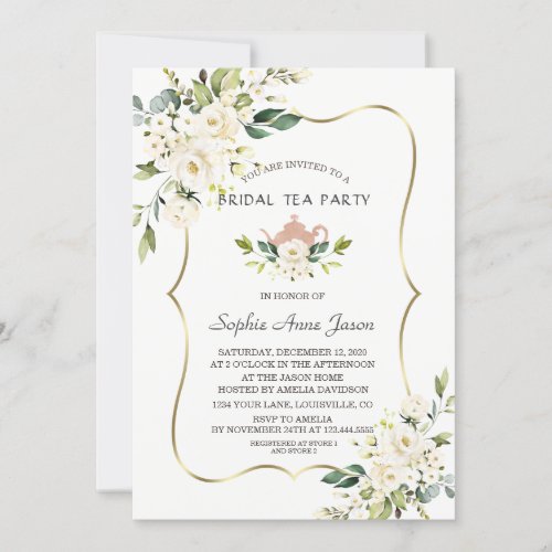 Watercolor White Floral Bridal Shower Tea Party Invitation