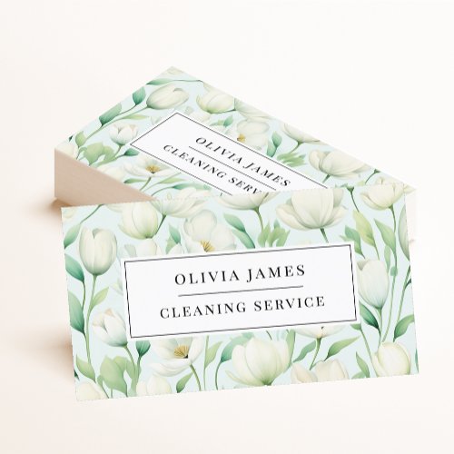 Watercolor White Floral Cleaning Maid Housekeeper Business Card