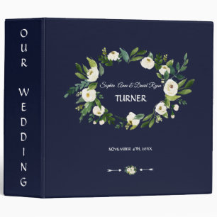 Watercolor White Floral Dark Blue Wedding Album 3 Ring Binder