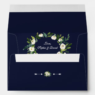Watercolor White Floral Dark Blue Wedding Envelope