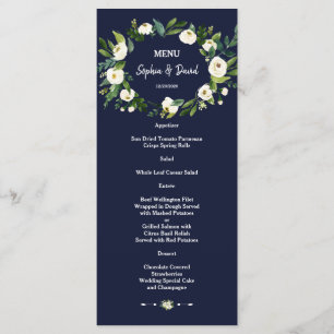 Watercolor White Floral Dark Blue Wedding Menu