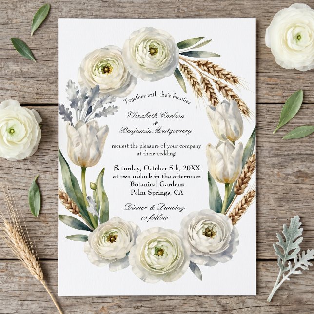 Watercolor White Floral Dried Wheat Fall Wedding Invitation (Creator Uploaded)