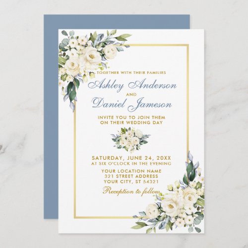 Watercolor White Floral Dusty Blue Gold Wedding Invitation
