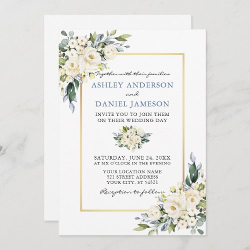 Watercolor White Floral Dusty Blue Photo Wedding Invitation