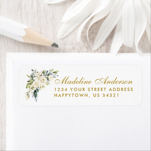 Watercolor White Floral Dusty Blue Wedding Gold Label