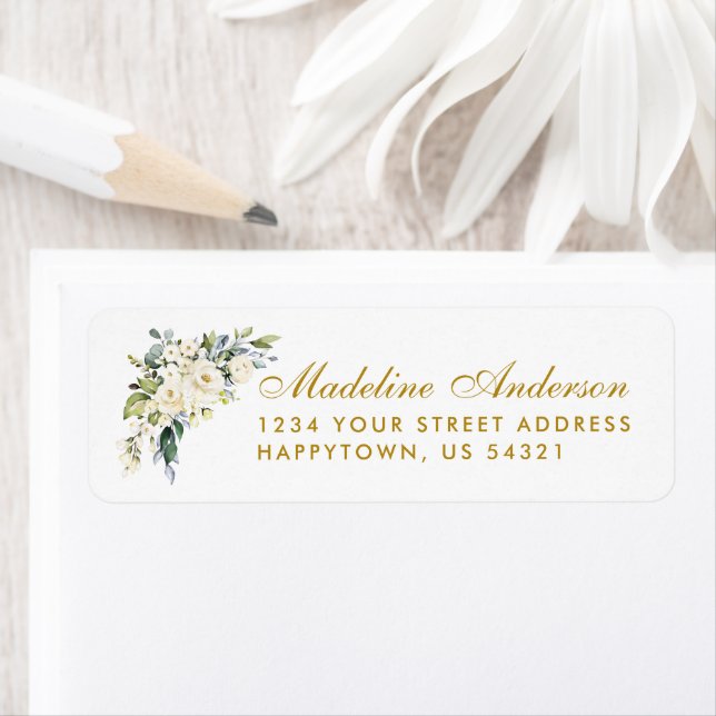 Watercolor White Floral Dusty Blue Wedding Gold Label (Insitu)