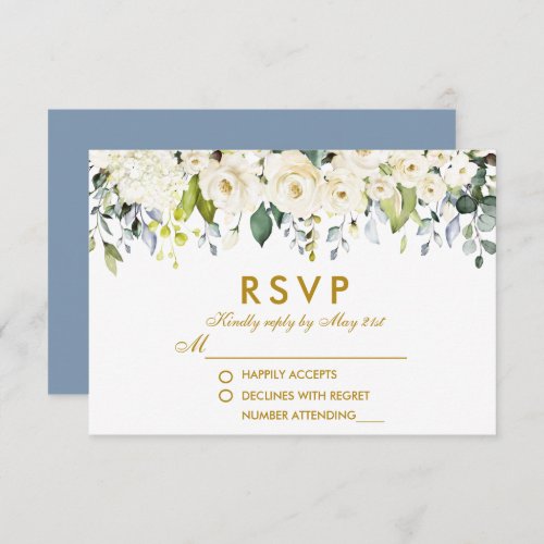 Watercolor White Floral Dusty Blue Wedding Gold RSVP Card