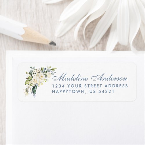 Watercolor White Floral Dusty Blue Wedding Label